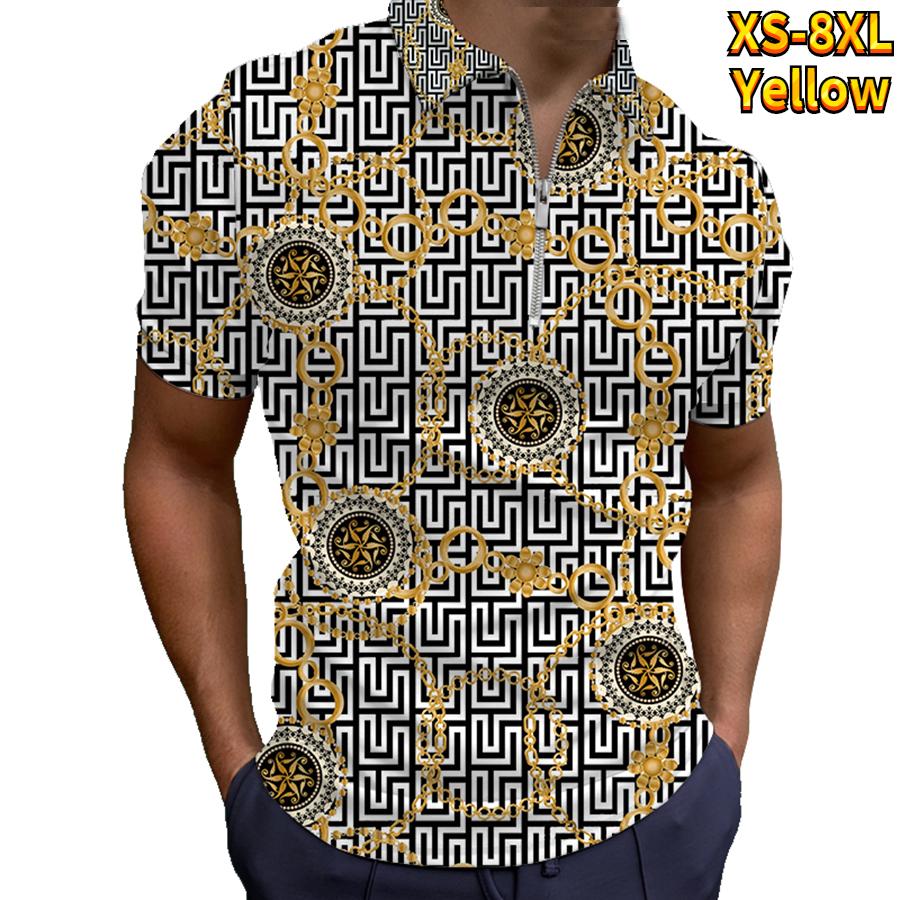 Casual Lapel T-shirt Young Men's Fashion Zipper T-shirt Short Sleeve T-shirt Men's 3D Golden Chain Print T Shirt
