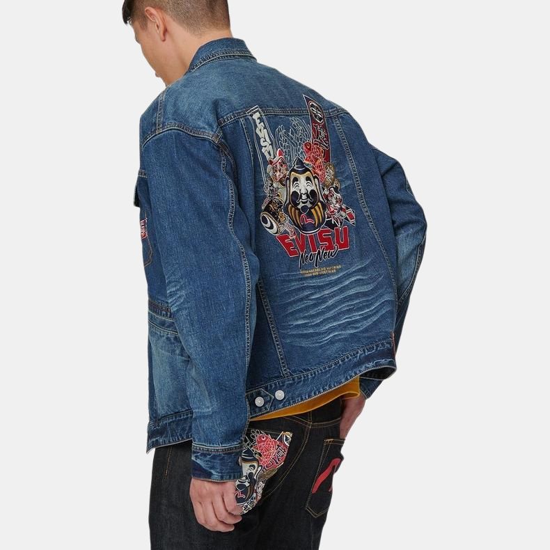 Evisu Ss21 Buddha Head And Origin Object Embroidered Denim Jacket Men Jacket Denim-Blue 2ESHTM1DJ717LF