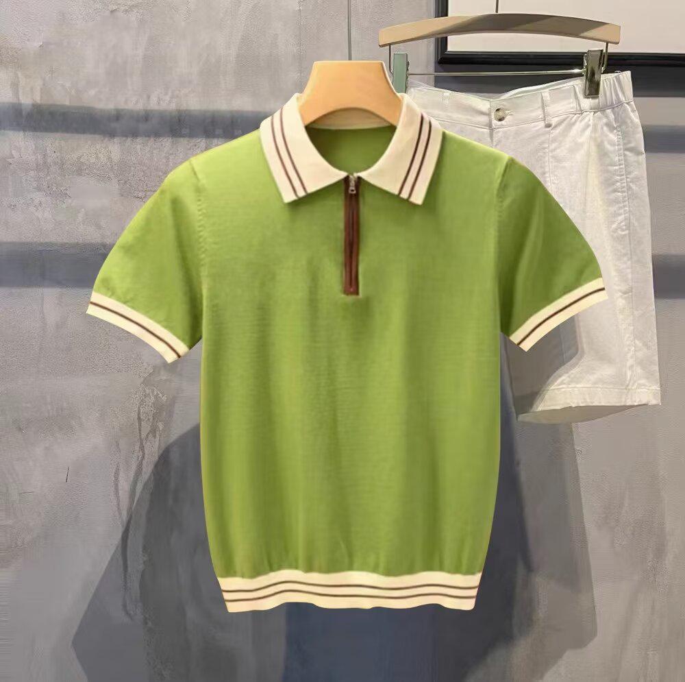Мужская футболка-поло с коротким рукавом из ледяного шелка в корейском стиле на молнии до половины