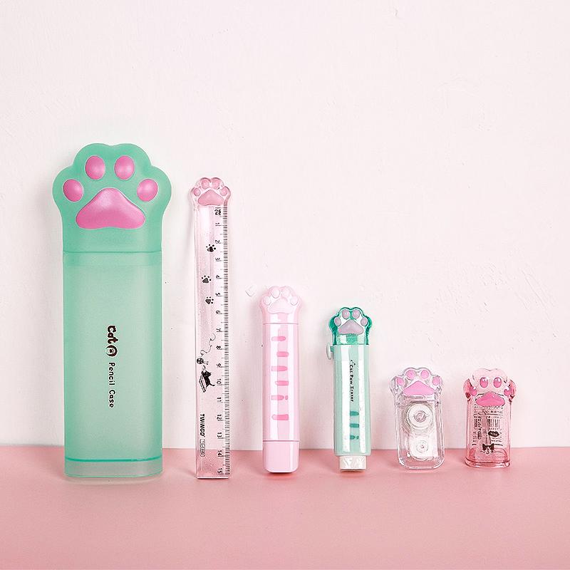 Пенал с кошачьей лапой, милый канцелярский набор, точилка, корректирующая лента, кавайный ластик, линейка Papeleria, пенал, школьные принадлежности для K