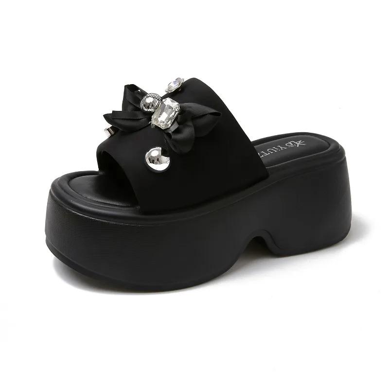 Fashion 8CM Women's Crystal Flower Platform Slides Bowtie Sandals Wedge High Heel Summer Crystal Beach Slippers Comfortable Lady Shoes