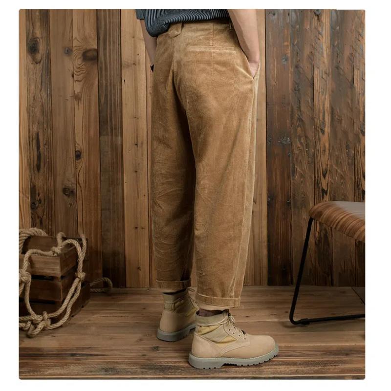 Осенние и зимние мужские брюки, японские ретро-утолщенные вельветовые брюки, мужские, 98% хлопок, мешковатые прямые брюки с поясом, повседневные мужские брюки