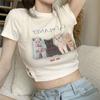 Женская облегающая белая футболка с короткими рукавами и принтом кота, летняя короткая студенческая футболка с милым и пряным пупком