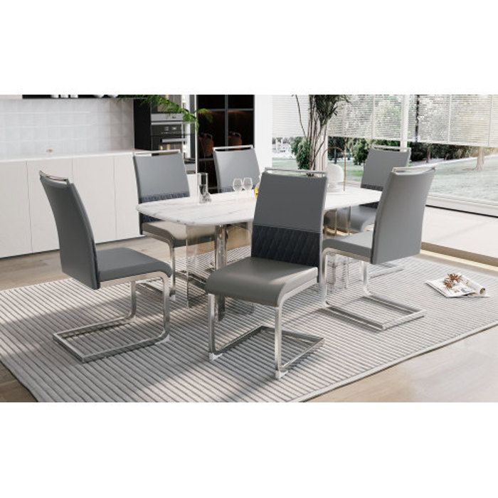 Chaise de salle à manger - MUVOE - Lot de 4 - Simili-cuir PU et lin - Dossier haut rembourré - Gris