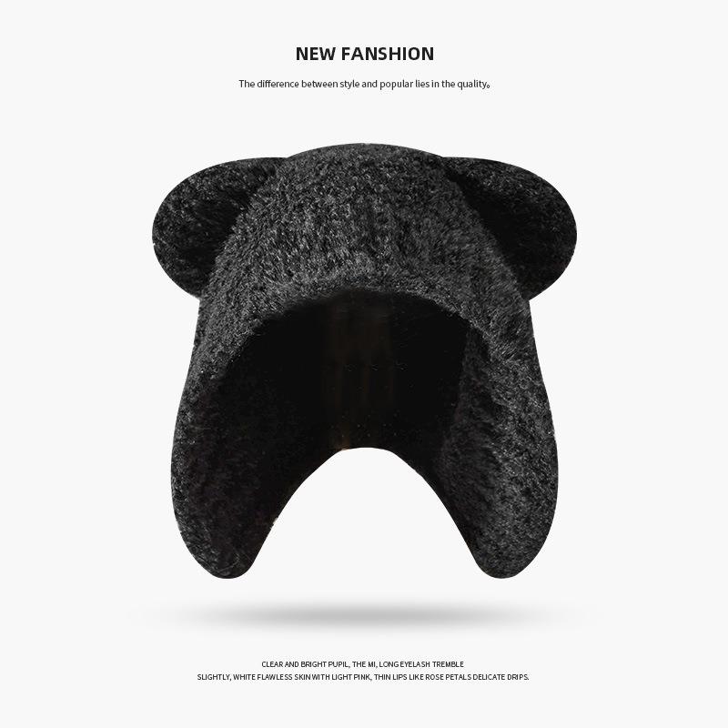 Cute Bear Wool Hat Women's Winter Thickened Plush Warm Plush Bald Hat Autumn and Winter Big Head Circumference Knitted Hat
