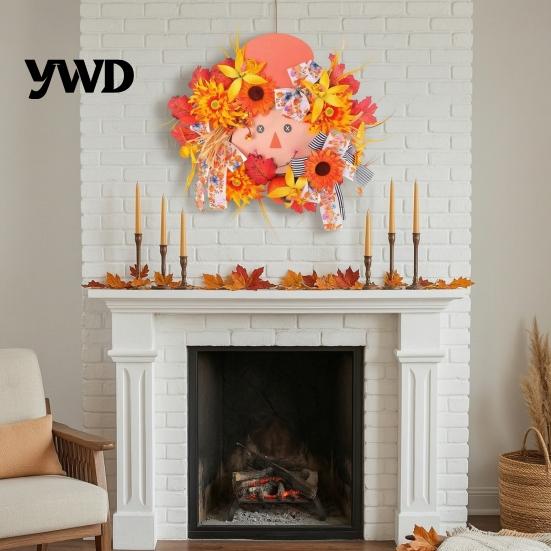 Decorative Harvest Party Supplies Artificial Autumn Scarecrow Wreath for Front Door, 15.7 Inch Sunflower Maple Leaf Indoor Outdoor Seasonal