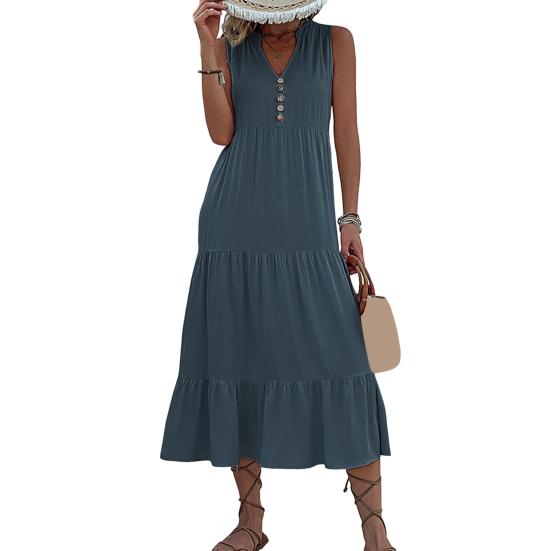 Женское летнее платье с V-образным вырезом без рукавов в стиле пэчворк, трапециевидный подол, чистый цвет, декор на пуговицах, большие качели, мягкое платье до середины икры для отдыха, пляжное платье миди