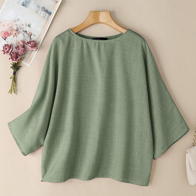 ZANZEA Women Casual Round Neck 3/4 Sleeve Loose Plain Blouse