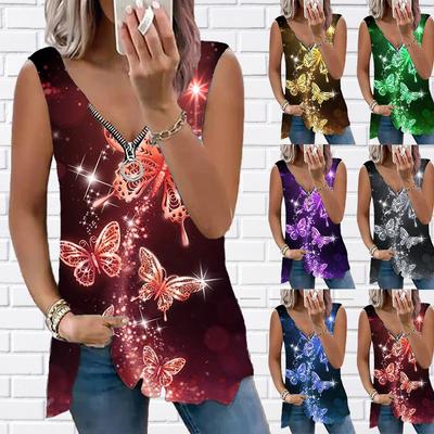 Женский топ, летний новый модный повседневный топ с золотым принтом бабочки размера плюс, топ без рукавов на молнии с v-образным вырезом, майка
