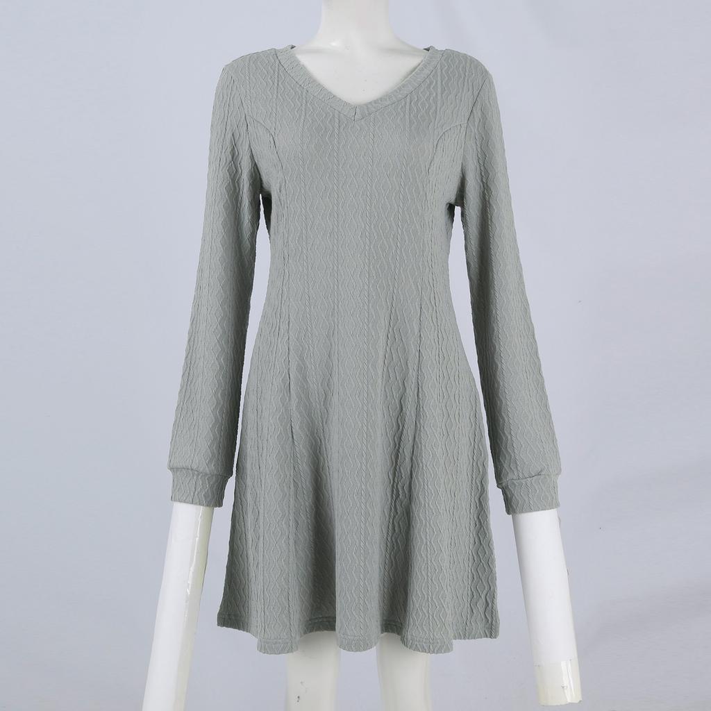 Women's Workwear Fashionable  Dress V-neck Knitted A-line Long Sleeved Dress