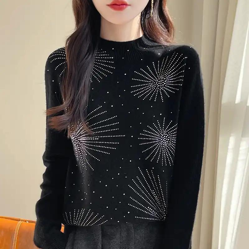 Женский свитер Осень Зима Утепленный пуловер Теплый вязаный в полоску с круглым вырезом Базовый слой Эластичный с длинным рукавом Оверсайз Джемпер Топы