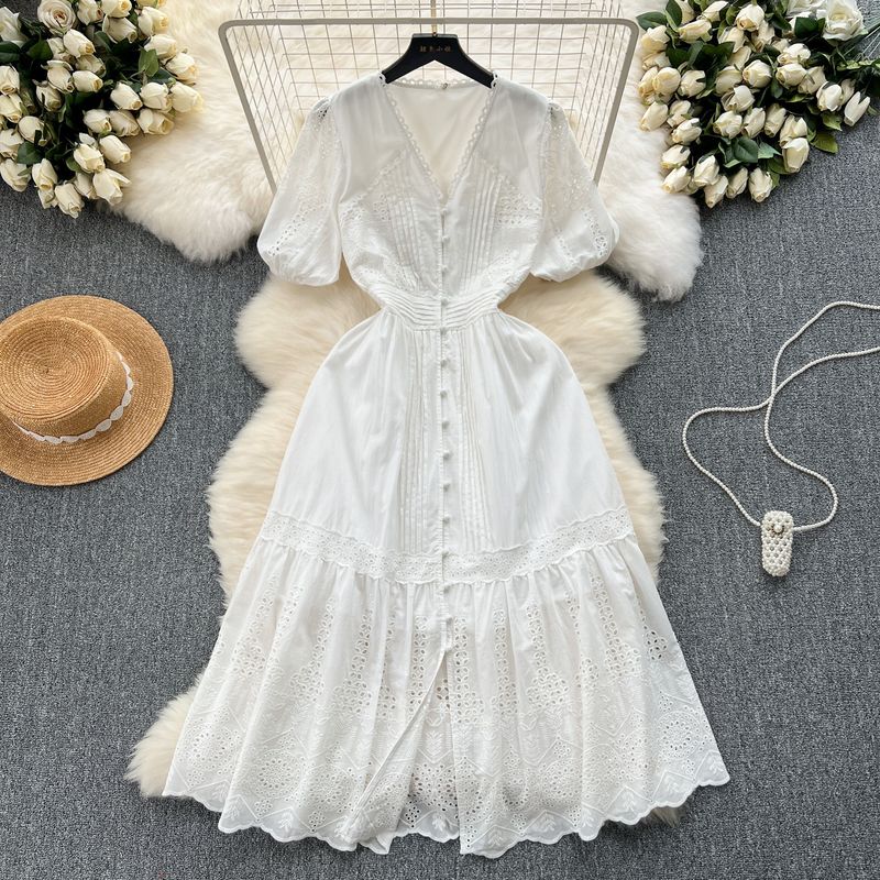 French Dress Female 2024 New Arrival Elegant V-neck Double-Breasted Silm Mid Length Long Length Age Reduction Puff Sleeves First Love Dress