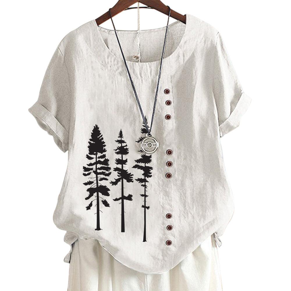 Women's Cotton Casual Top with 6 Butterfly Plant Print Patterns, Round Neck, Short Sleeves