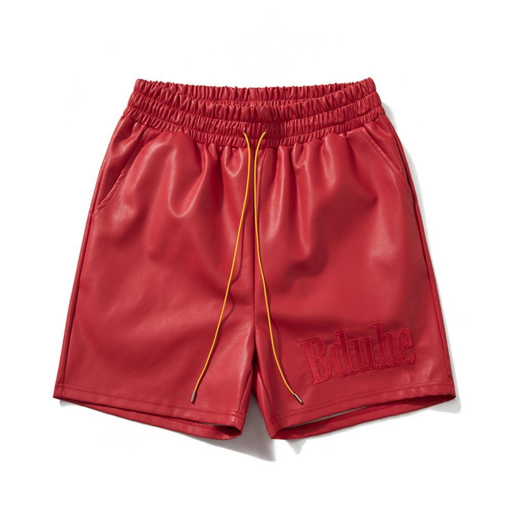 Шорты из чистой кожи черного и красного цвета с карманами 2025 лето мужские женские высокое качество желтая кулиска пляжные шорты штаны бриджи