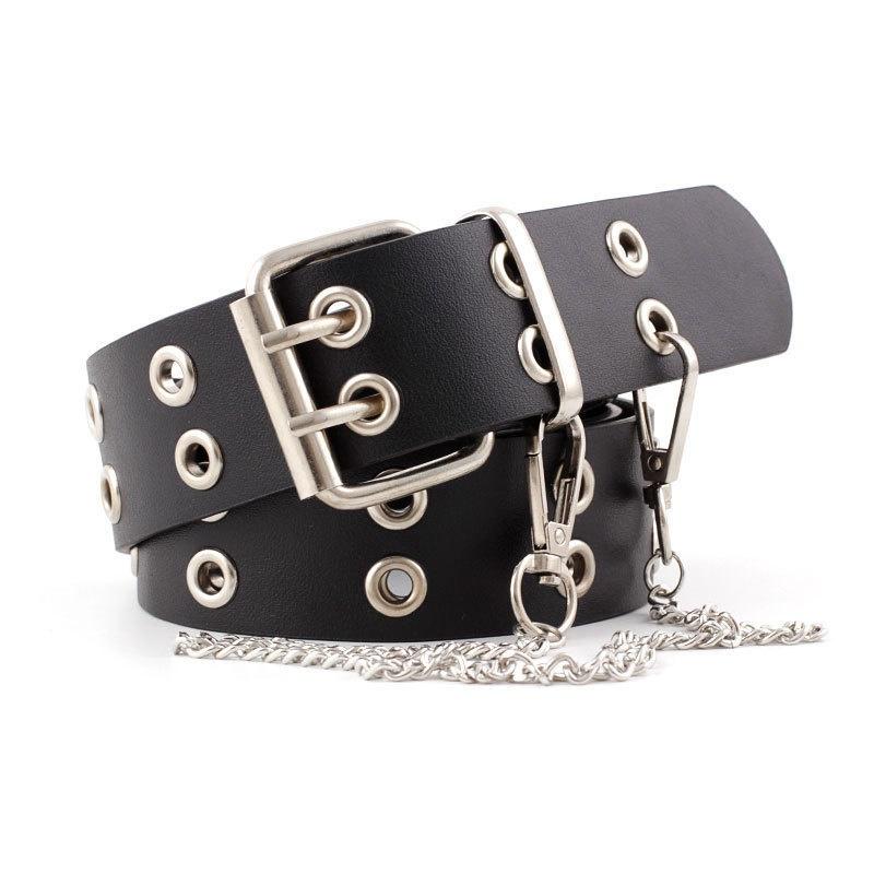 Women Punk Chain Fashion Belt Adjustable Double/Single Row Hole Eyelet Waistband with Eyelet Chain D