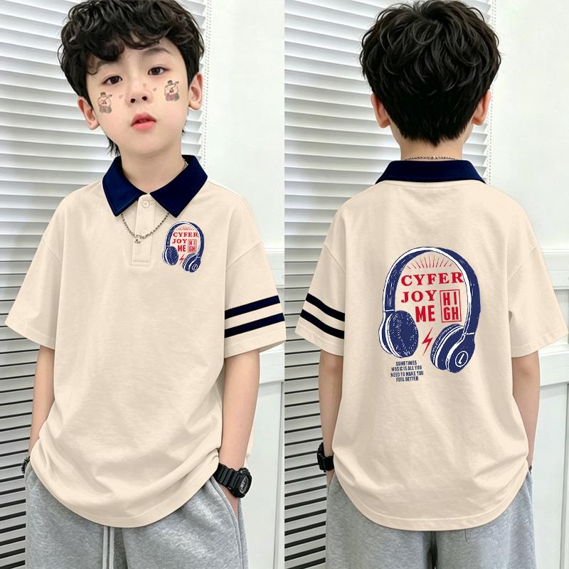 Boys' Cotton Color Block Polo Shirt - 2026 Summer Patchwork Lapel T-shirt for Medium & Large Children