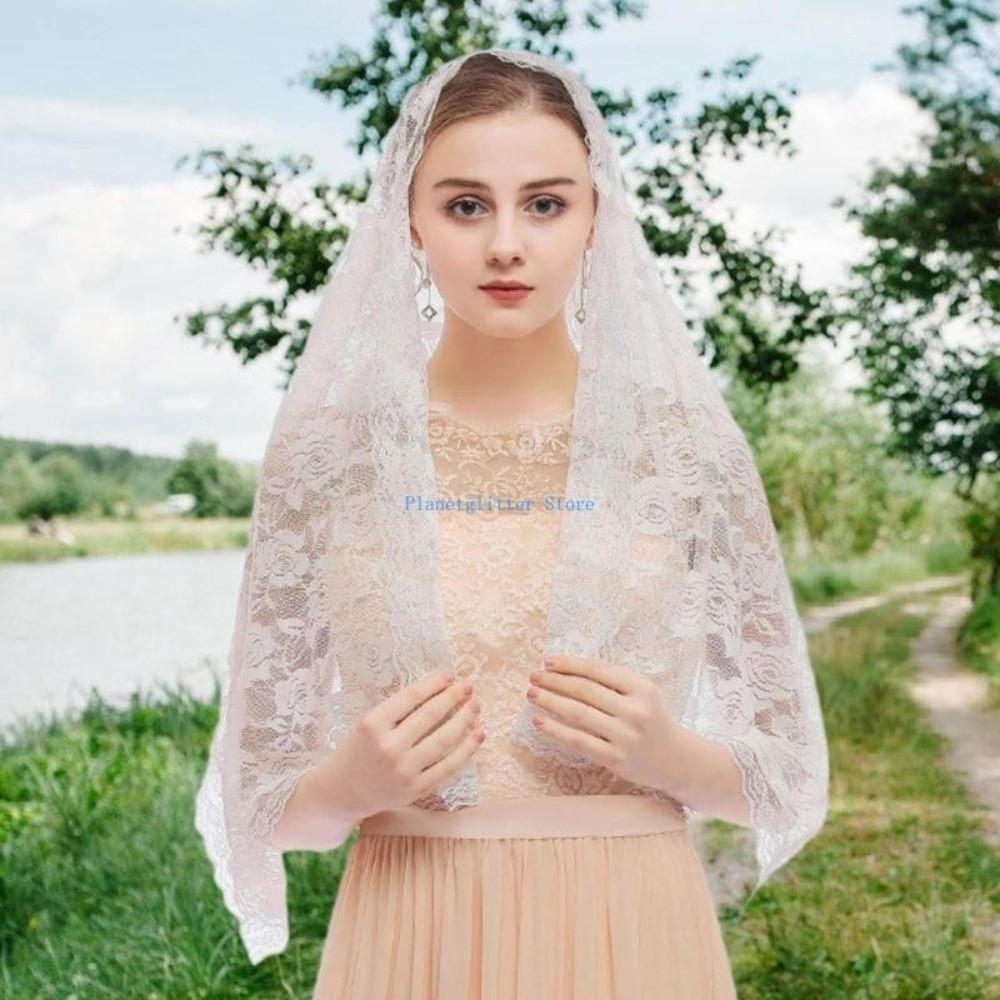 Lace Trim Wedding Lace Shawl Elegant Bride Head Gauze Fashion Mantilla Headwear Scarf  Church