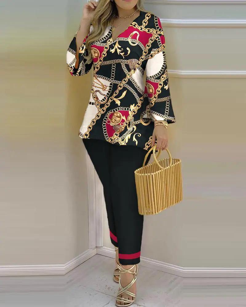 2023 Spring Women's European & American V-Neck Long-Sleeve Fashion Set