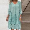 Летнее женское платье с V-образным вырезом и ажурными кружевными пуговицами с рукавами три четверти и вышивкой, сплошное цветное свободное платье длиной до колена в стиле ретро-миди