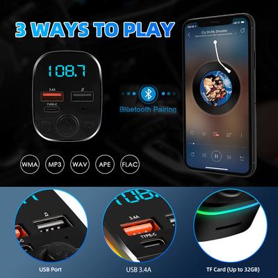 Автомобильный FM-передатчик Bluetooth 5.0 Handsfree с Type-C Dual USB 3.4A Быстрое зарядное устройство Окружающий свет Прикуриватель FM-модулятор