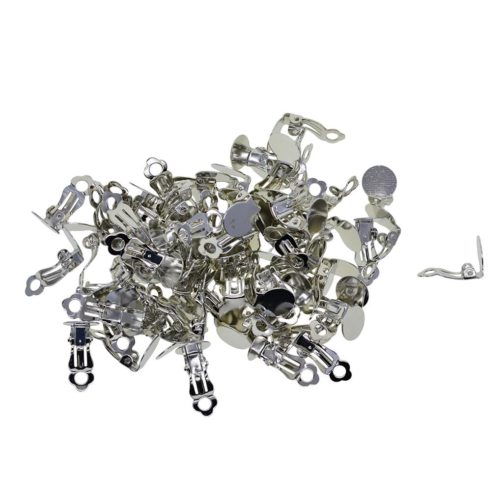 100pcs Flat Round Tray Clipon Earring Hook Components Silver Color