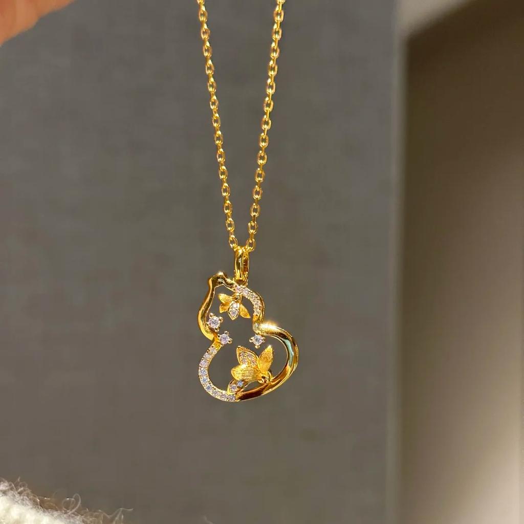 New Chinese-Style Brushed Gourd Flower Blooming Necklace Pendant Light Luxury Temperament Diamond-Set Fulu Earrings Earrings Jewelry Set Women