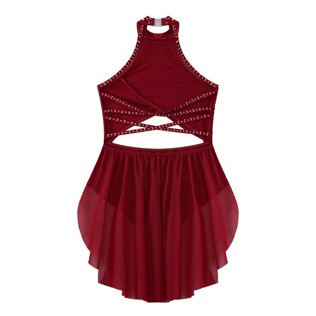 Kids Girls Lyrical Dance Performance Costume Figure Skating Ballet Gymnastics Leotard Dress Sleeveless Rhinestone Dancewear