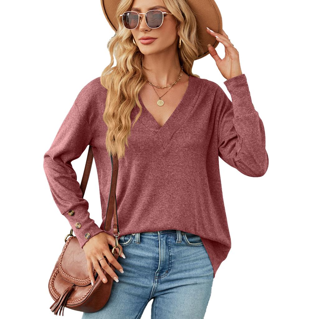 2023 European and American Autumn and Winter New Solid Color V-neck Loose Long-sleeved Button T-shirt Top Women's Clothing