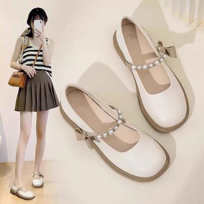 Туфли Мэри Джейн на толстой подошве, женские туфли с французским бантом и жемчугом, мягкие однотонные туфли, неглубокий носок, круглый нос, толстый каблук, мягкая подошва, женские туфли большого размера