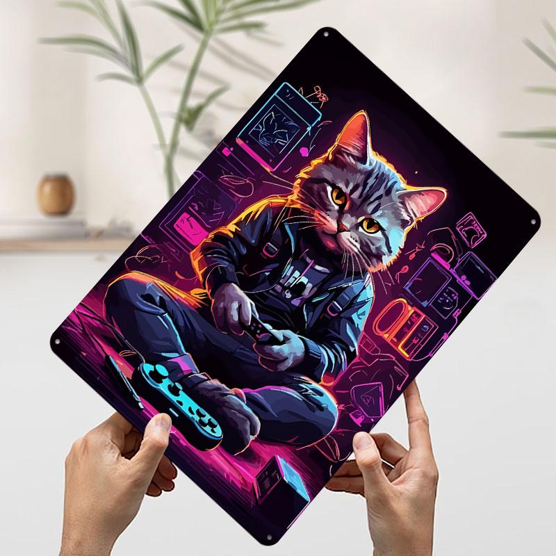 Cyberpunk Cat Gamer Tinplate Poster Customized Wall Art Vintage Retro Metal Signs for Modern Home Decoration Luxury Office Decor