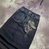 Men's Skull Print Wide-Leg Jeans - Blue American Street Style