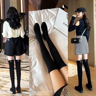 Осень-зима 2025 новые эластичные ботфорты до колена женские туфли на высоком каблуке женские бархатные ботинки толстый каблук высокие сапоги дети