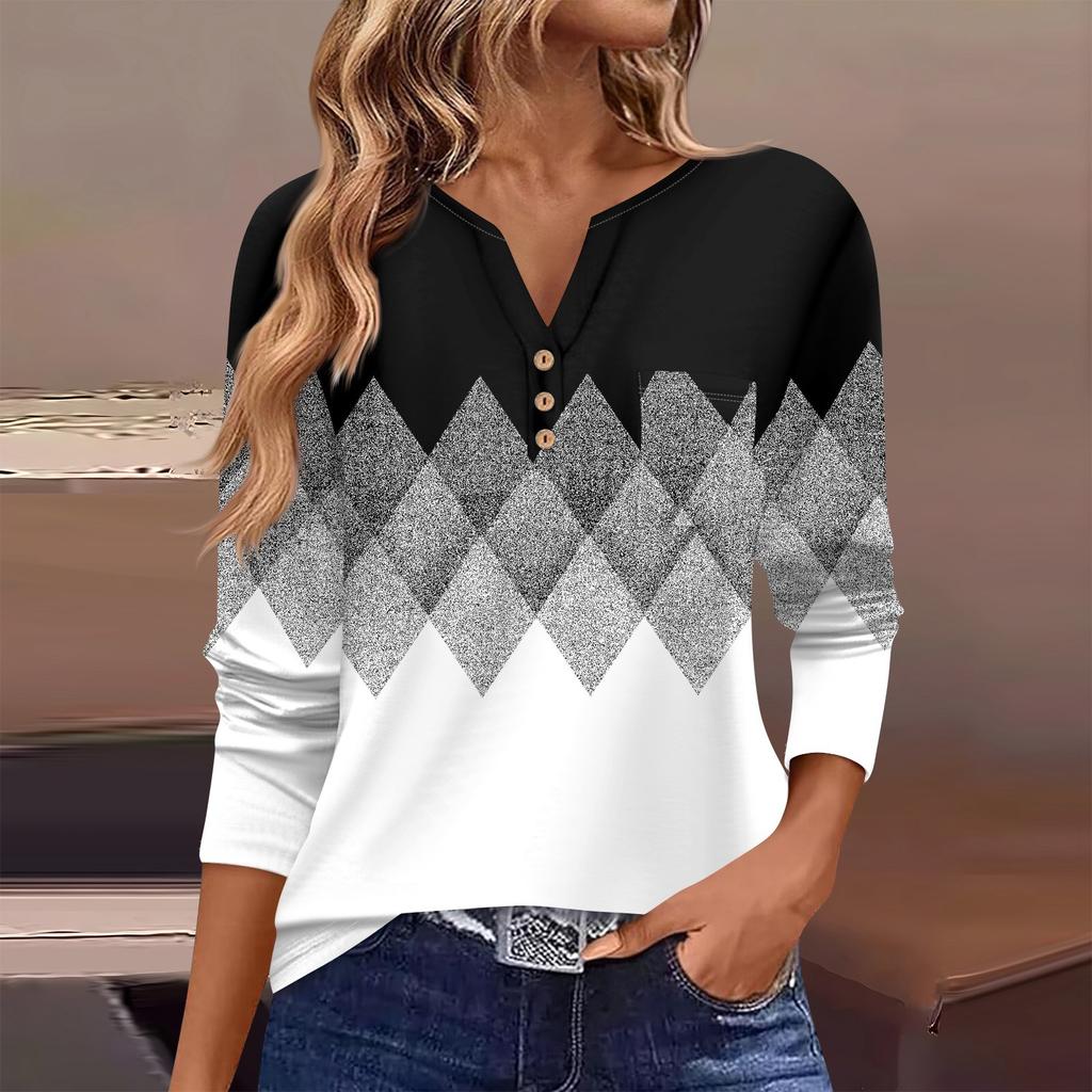 Женская футболка с длинным рукавом на пуговицах, повседневная, выходного дня, модная, базовая, с V-образным вырезом, обычная, с карманом