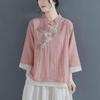 2023 Spring/Summer Women's Retro Chinese Button Shirt: Fake Two-Piece, Cotton-Linen, 3/4 Sleeve, Embroidered Design.