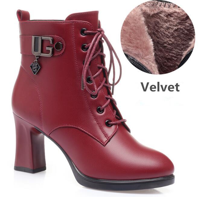 Женские ботильоны из натуральной кожи, женские плюшевые теплые нескользящие зимние ботинки, женская обувь на высоком каблуке, женские ботинки на толстом каблуке