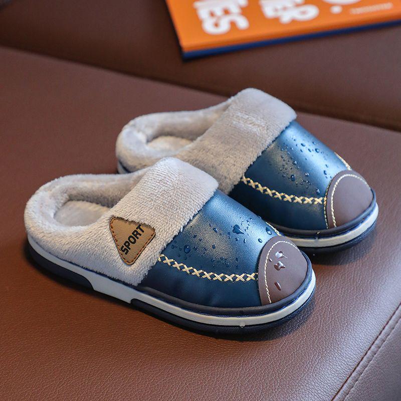 Водонепроницаемые Нескользящие Зимние Теплые Хлопковые Тапочки с Бархатом и Искусственной Кожей для Мужчин, Женщин и Детей