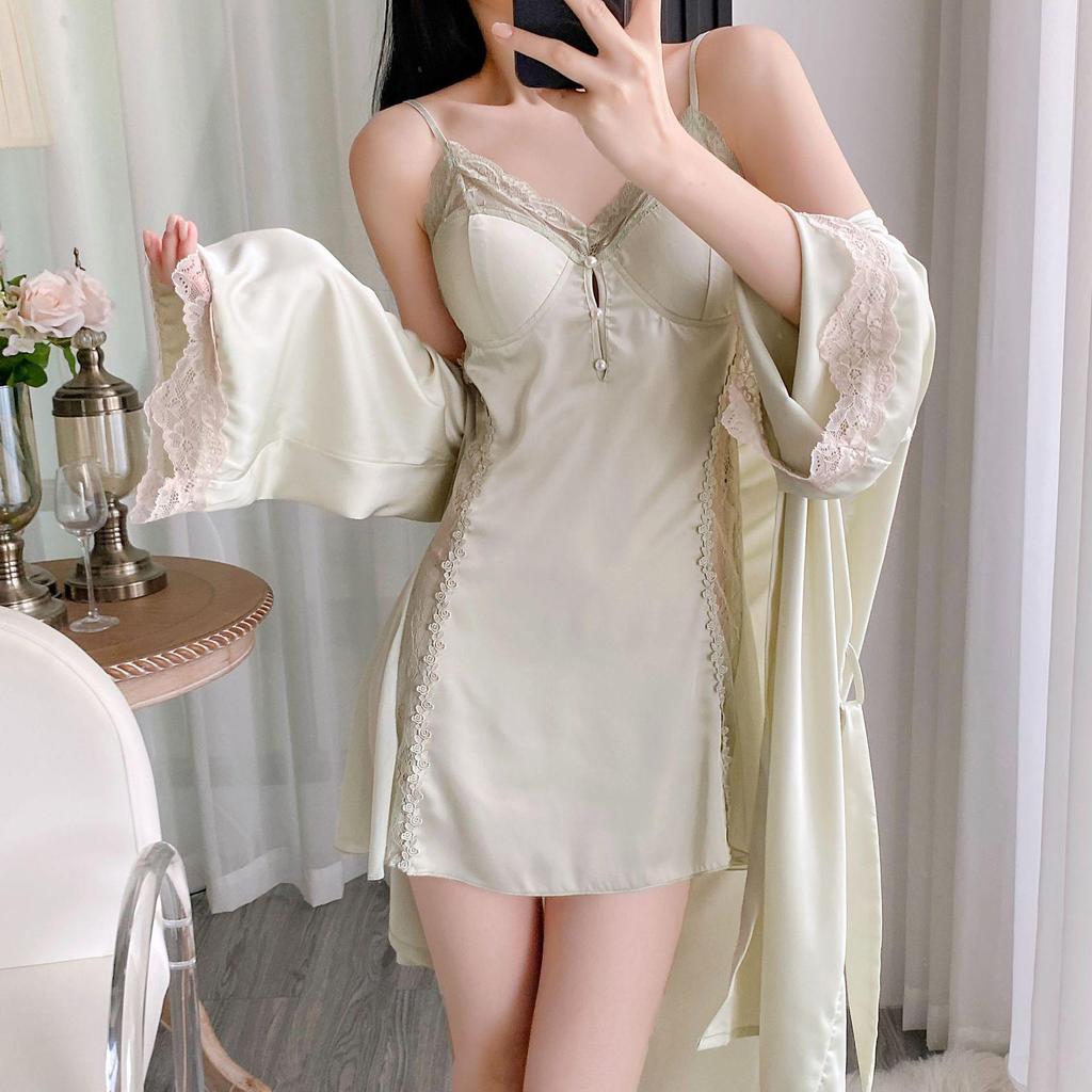 Комплект ночной сорочки из ледяного шелка и кружева во французском стиле: Богатая девушка Весна/Лето Двухпредметное платье-майка с нагрудными вкладышами для домашней носки
