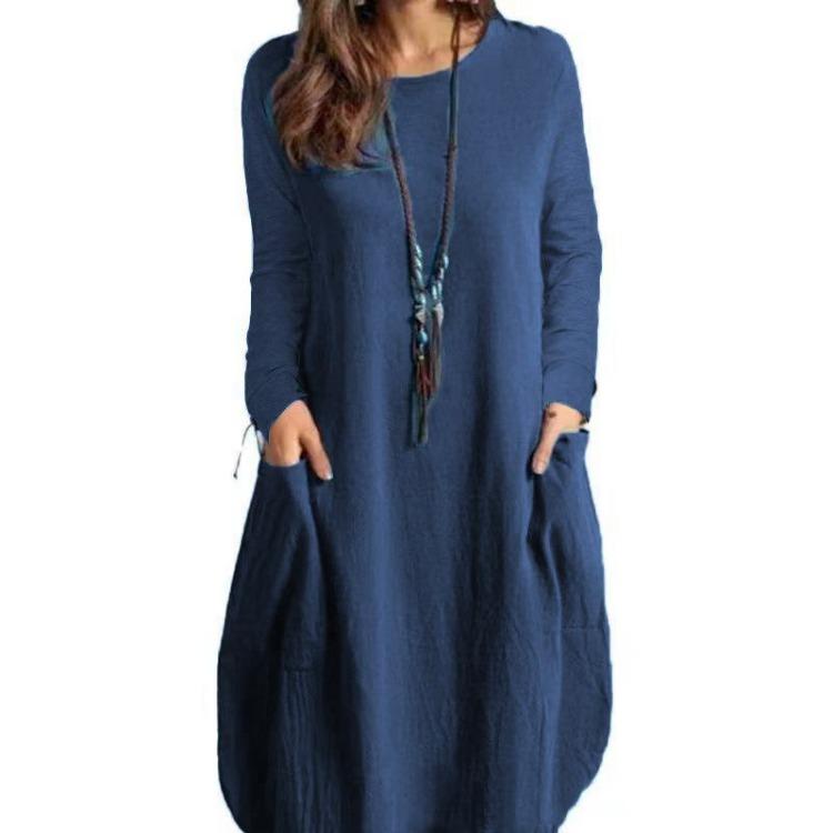 Women Casual Loose Dress European American Style Solid Color Cotton Linen Fabric Pocket Spring Summer