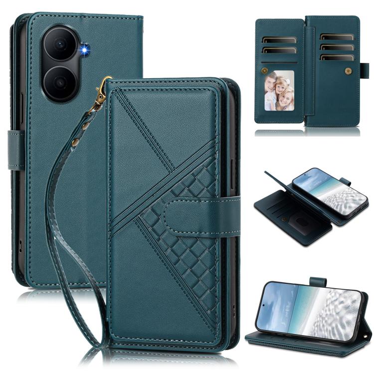Embossed Secure Clasp 9-Card Slot Vegan Leather Phone Case with Wrist Strap