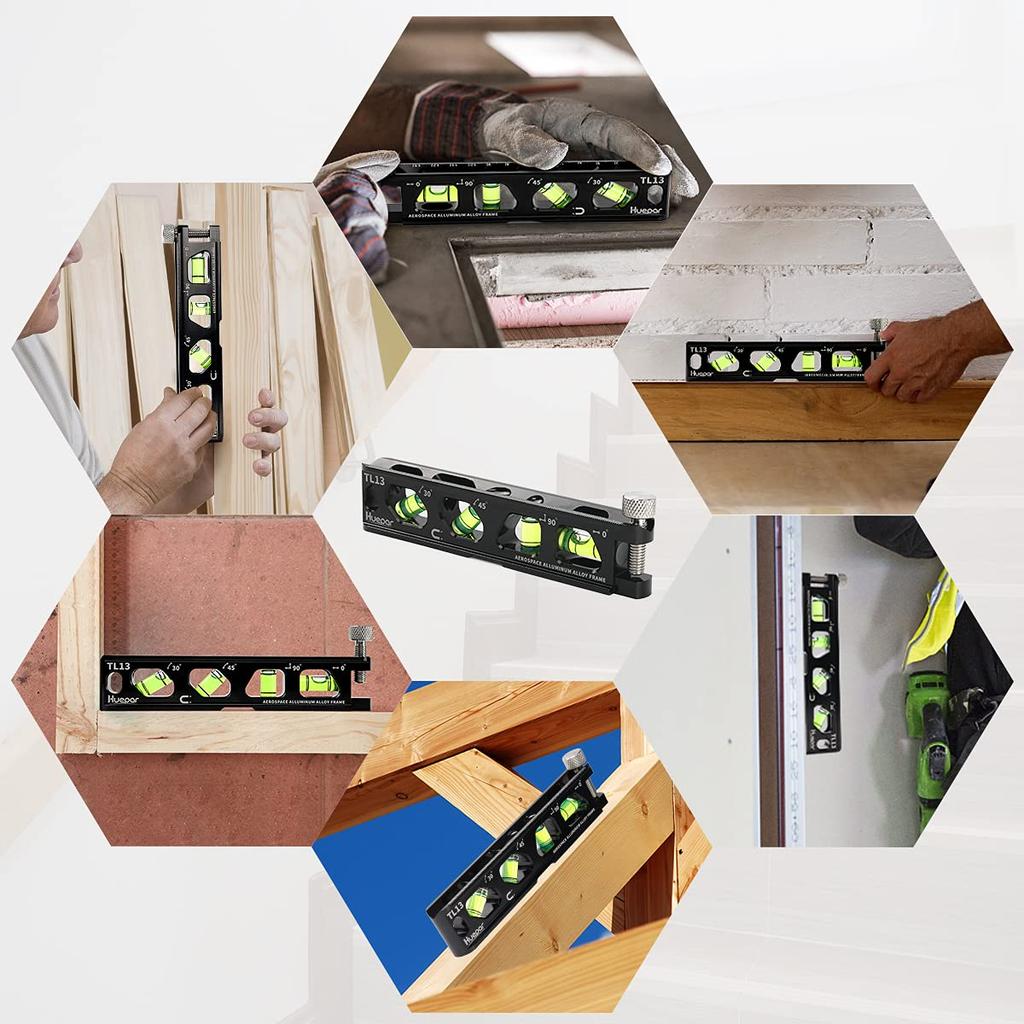 Huepar Mini Powerful Screw Graduated Measuring 4 Vials TL13 Level, Magnet, V-Groove, Clamp, Instruments, (Horizontal, Vertical, 45°, 30°),