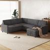 Modern U-Shaped Corner Sleeper Sofa with Sleep Function, Pull-Out Sofa Bed, Coarse Corduroy Fabric, Chaise Longue with Storage, Gray, 220×274×85 cm
