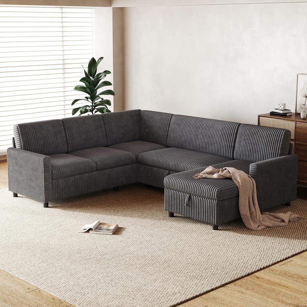 Modern U-Shaped Corner Sleeper Sofa with Sleep Function, Pull-Out Sofa Bed, Coarse Corduroy Fabric, Chaise Longue with Storage, Gray, 220×274×85 cm