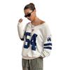 Relaxed Fit V-Neck Graphic Sweatshirt Women - Oversized Streetwear Casual Long Sleeve Top In White