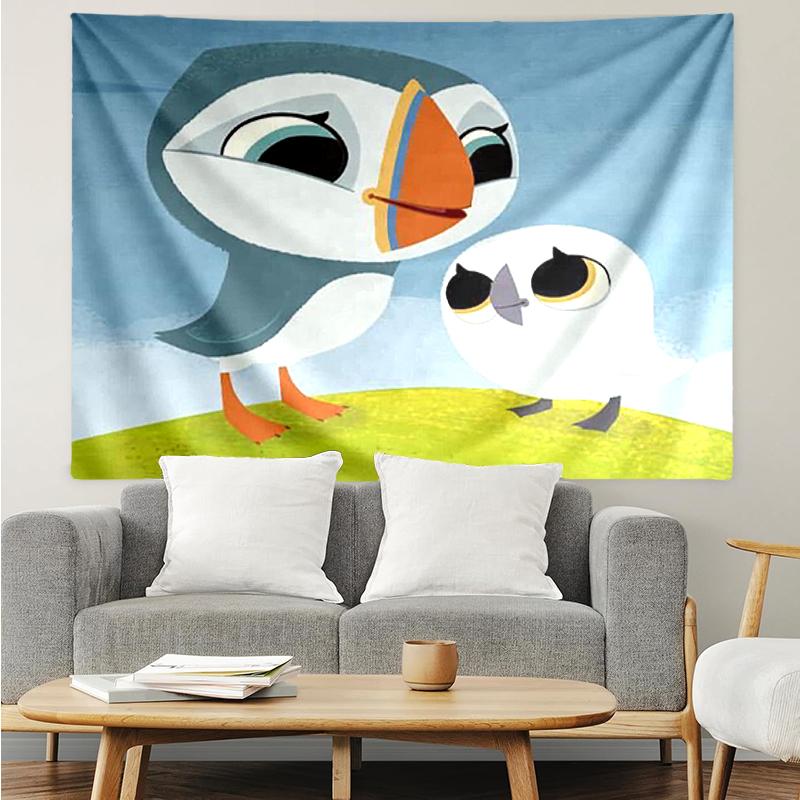 Puffin Rock Print Tapestry, Backdrop, Easy Setup, Ideal for Bedroom, Office & Living Room, with Aesthetic Wall Hanging Decor.