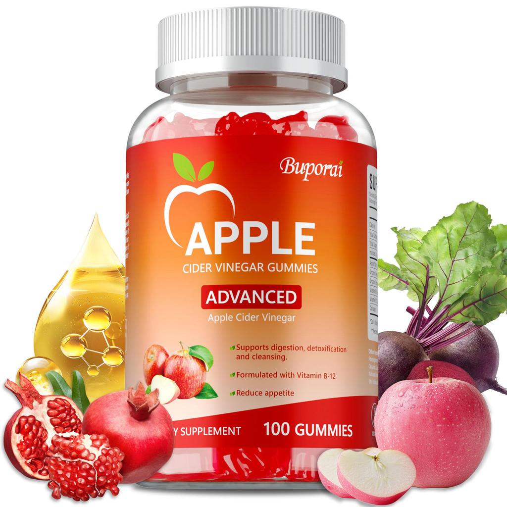 Apple cider vinegar gummies, containing vitamin B12, support digestive health, suitable for adults.