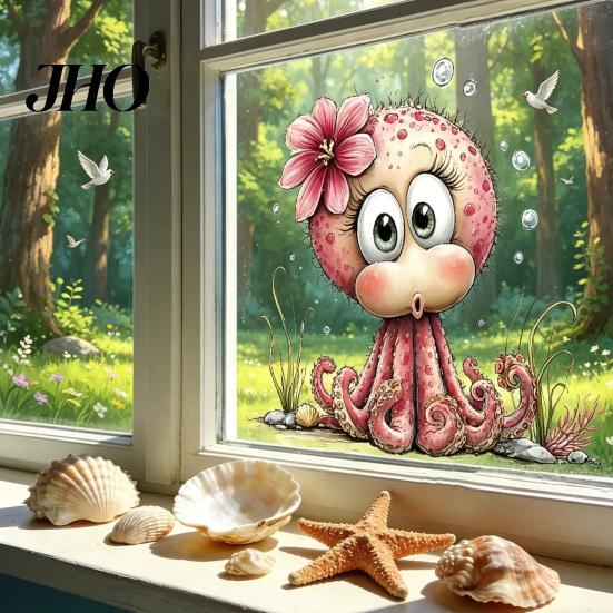 Glass-friendly Window Cling under The Sea Mermaid Clings Ocean Animal Whale Turtle Octopus Sticker Transparent Seahorse Anti-Collision Glass