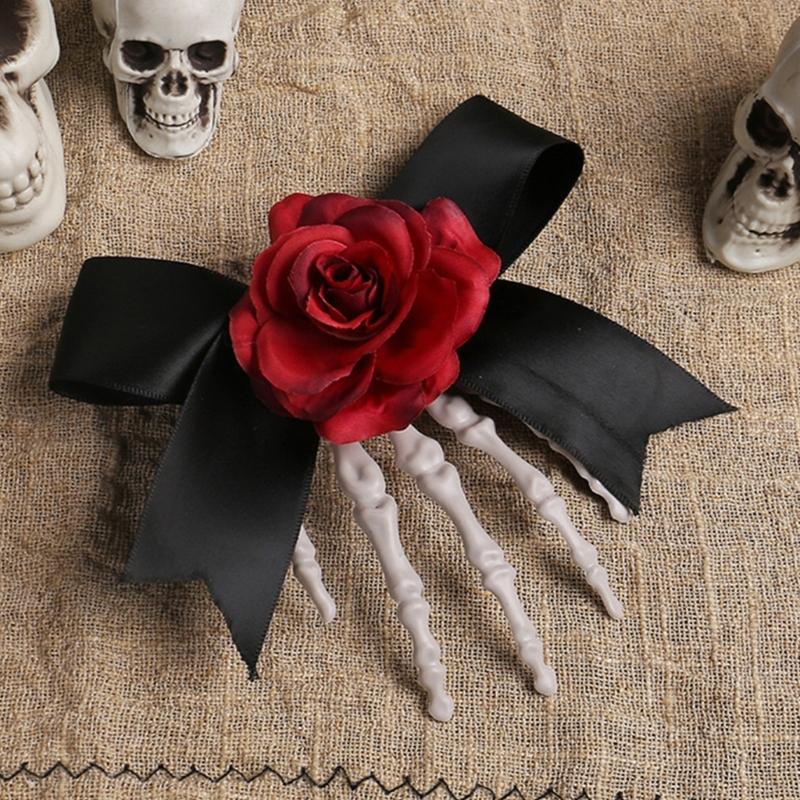 1pc Haunted Style Skeleton Hand Hair Clip Contrast Rose Bows Practical Plastic For Themed Dressing Up Event
