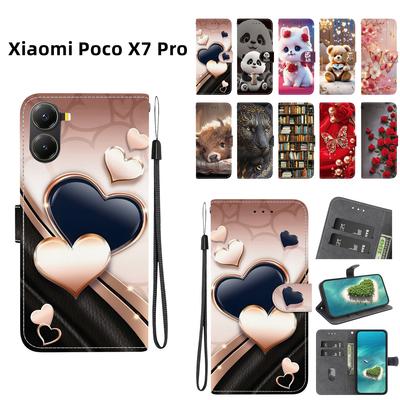 Чехол-книжка из искусственной кожи ручной работы для Xiaomi Poco X7 Pro, противоскользящая противоударная крышка с ремешком на запястье и дизайном в виде сердечка/розы и кошки