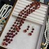 Vintage Qingdao 10mm Shijia Pearl Long Necklace Sweater Chain with Red Zircon Ear Hook Set