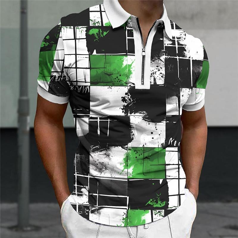 Мужская рубашка-поло, повседневная рубашка на молнии с коротким рукавом, модная повседневная рубашка на молнии на лето и весну, стандартная посадка, синяя рубашка с 3D квадратным принтом